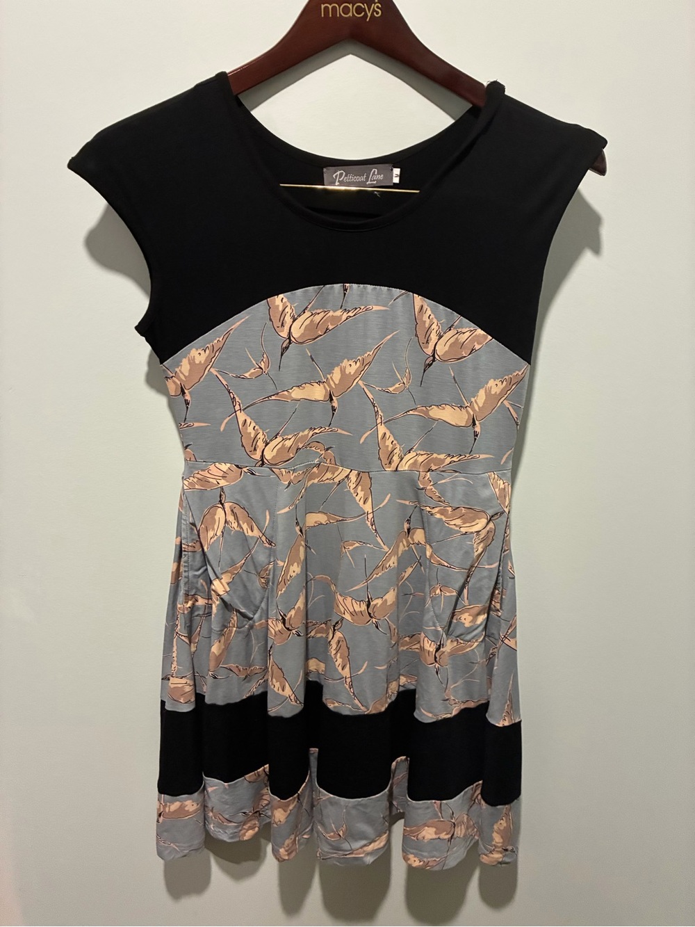 PETTICOAT LANE Blue Black With White Bird Pattern Dress Size Medium